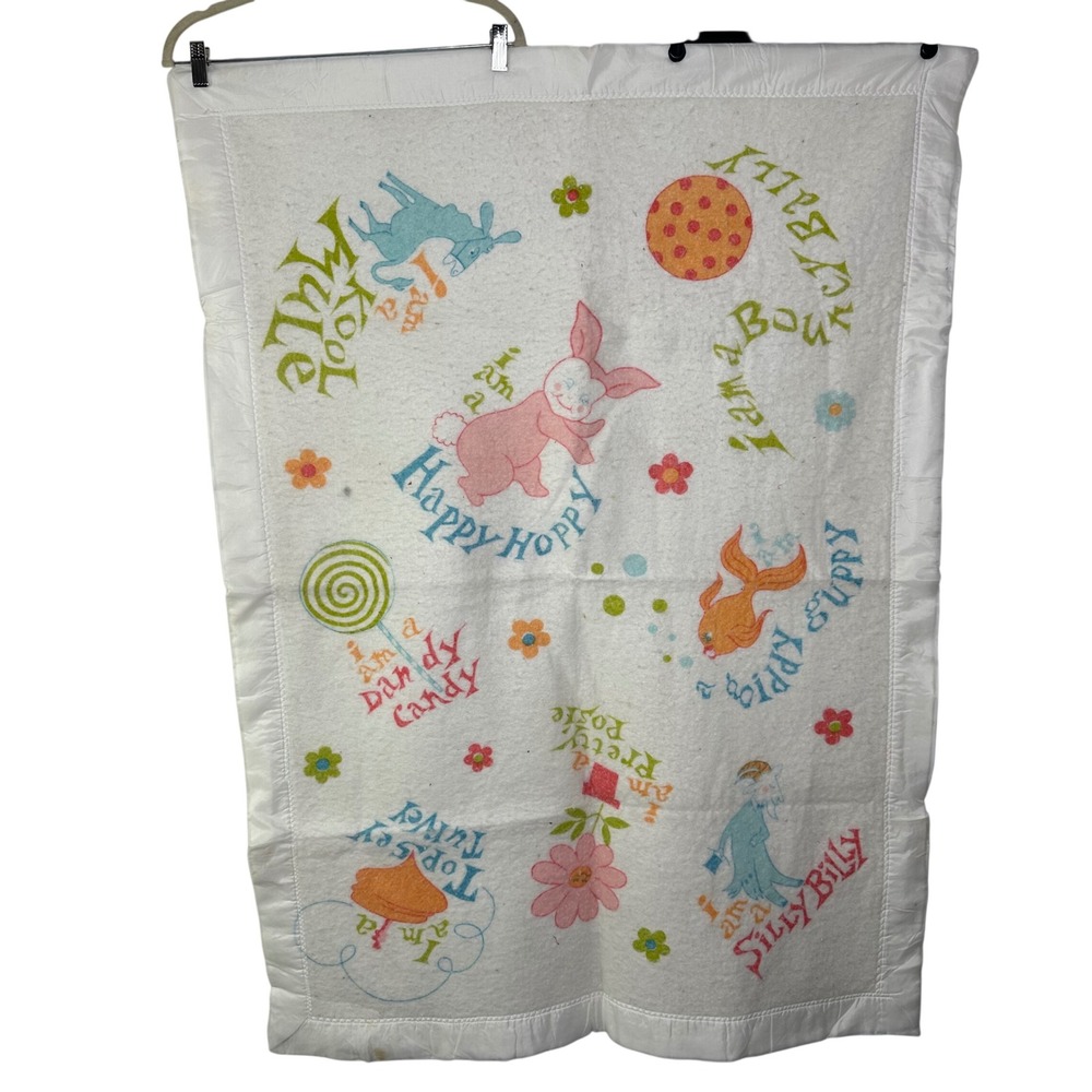 Vintage Mid Century Nursery Rhyme Baby Blanket Satin Trim White FLAWS